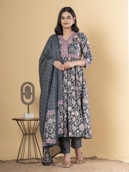 Readiprint - Anarkali Style Cotton Grey Kurta and Pant with Dupatta (Set of 3)