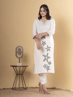 Readiprint - Straight Style Cotton Flex Off White Kurta and Pant (Set of 2)