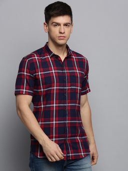 SHOWOFF - Mens Spread Collar Checked Navy Blue Classic Shirt