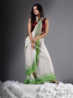 CHARUKRITI - Checks Weaving Off White Handwoven Saree Without Blouse