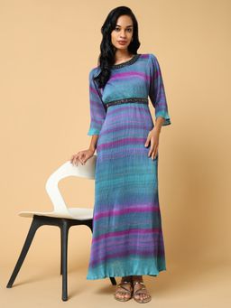 SHOWOFF - Women's Tie and Dye Green Maxi Dress with Belt (Set of 2)