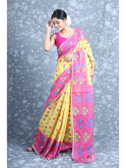 CHARUKRITI - Floral Weaving Yellow Jamdani Saree with Unstitched Blouse