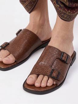Alberto Torresi - Mens Brown Textured Leather Monk-Strap Sandals
