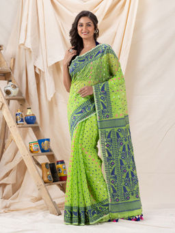 Angoshobha - Traditional Parrot Green Soft Dhakai Jamdani Saree with Unstitched Blouse