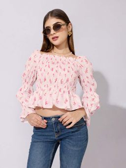 SHOWOFFFF - Women's Floral Print Pink Smocked Top