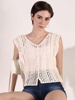 SHOWOFFFF - Women's Crochet Cream Button Front Sleeveless Top