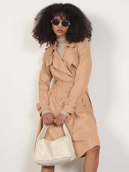 SHOWOFFFF - Women Brown Suede Solid Trench Coat with Waist Belt