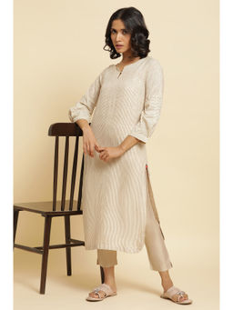 W - Beige Stripes Kurta and Slim Pants (Set of 2)