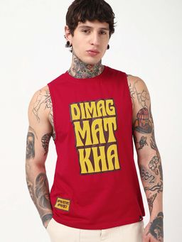 Bewakoof - Men's Bold Red Dimag Mat Kha Typography Oversized Vest
