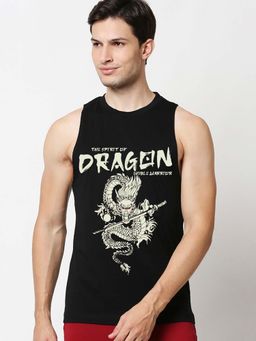 Bewakoof - Men's Jet Black Dragon Graphic Printed Oversized Vest