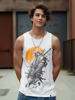 Bewakoof - Men's White Warrior Graphic Printed Vest