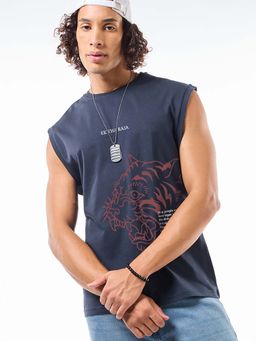 Bewakoof - Blue Printed Boxy Fit Vest
