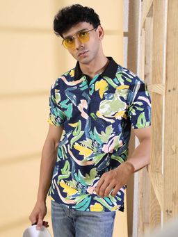 RIGO - Navy Blue Abstract Regular Fit Polo T-Shirt