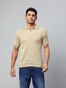 Pierre Carlo - Khaki Self Design Regular Fit Polo T-Shirt