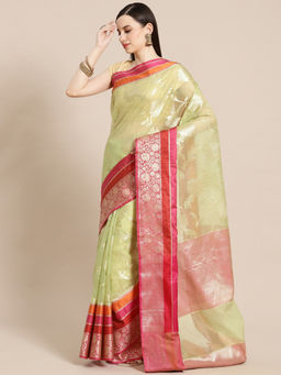 Banarasi Silk Works - Organza Woven Saree Green with Unstitched Blouse