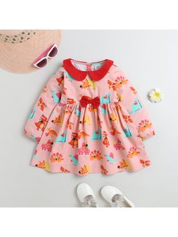 mama & bebe - Girls Peach Cotton Printed Knee Length Frock Dress