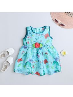 mama & bebe - Girls Blue Polyester Blend Floral Knee Length Frock Dress