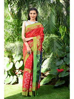 Beatitude - Red Handloom Cotton Silk Saree with Unstitched Blouse