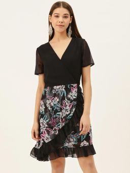 Dodo & Moa - Women Black Polyester Floral Dress