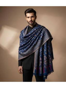 MUFFLY - Men Ikkat Reversible Bamboo Silk Shawl with Woven Floral Pattern