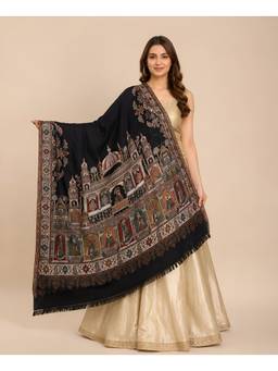 MUFFLY - Wool Blend Mughal Scenic Jacquard Woven Shawl with Zari Border