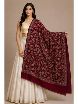 MUFFLY - Wool Blend Jamawar Woven Shawl with All-Over Floral Jaal Border