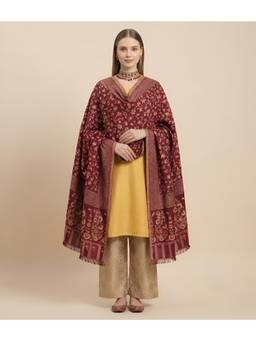 MUFFLY - Women Ikkat Reversible Bamboo Silk Shawl with Woven Floral Pattern