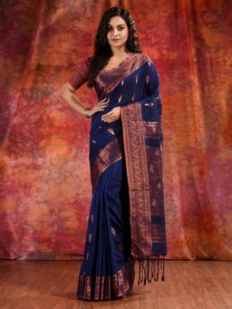 CHARUKRITI - Blue Linen Handwoven Soft Saree with Copper Zari and Unstitched Blouse