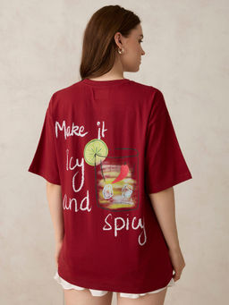 Outzidr - Maroon Cotton Oversized Graphic Casual Wear T-Shirt