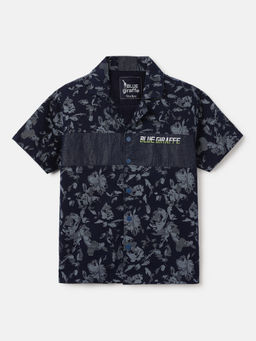 Blue Giraffe - Boys Navy Blue Collar Short Sleeve Floral Shirt