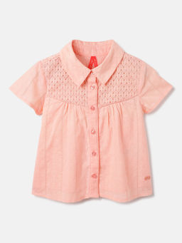 Blue Giraffe - Girls Peach Short Sleeve Self Design Loose Fit Shirt Style Top