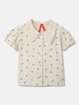 Blue Giraffe - Girls Cream Floral Printed Dobby Schiffli Shirt Style Top