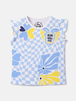 Blue Giraffe - Girls Multi-Color Round Neck Ruffle Sleeve Printed Top