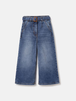 Blue Giraffe - Girls Blue Solid Mid Rise Washed Denim Wide Leg Jeans