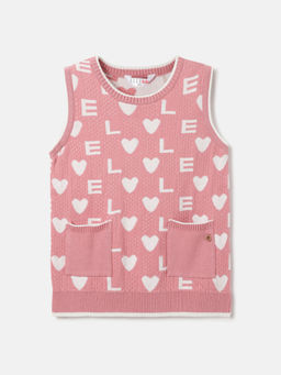 ELLE - Girls Peach Round Neck Knit Heart Relaxed Fit Stretchable T-Shirt