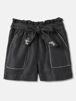 ELLE - Girls Black Embroidered Elasticated Shorts with Belt
