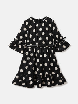ELLE - Girls Black Round Neck Bell Sleeve Polka A-Line Dress with Belt (Set of 2)