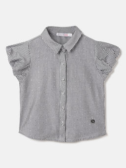 ELLE - Girls Black Collar Pleated Sleeve Stripes Relaxed Fit Shirt Top