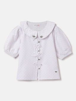 ELLE - Girls White Puff Sleeve Polka Dots Relaxed Fit Regular Top