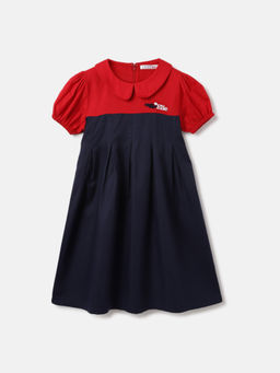 ELLE - Girls Navy Blue & Red Flared Fit Colorblock Branding A-Line Dress