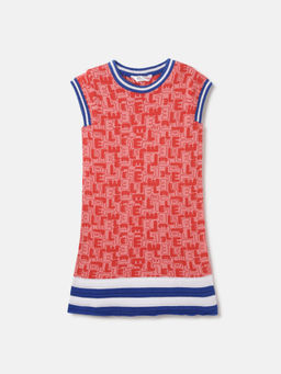 ELLE - Girls Red Round Neck Extended Sleeves Typographic Stretchable Jacquard Knit Dress