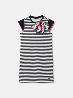 ELLE - Girls Black Round Neck Cap Sleeves Horizontal Stripes A-Line Dress