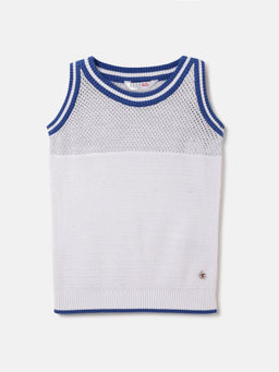 ELLE - Girls White Round Neck Sleeveless Structured Knit Texture Relaxed Fit T-Shirt