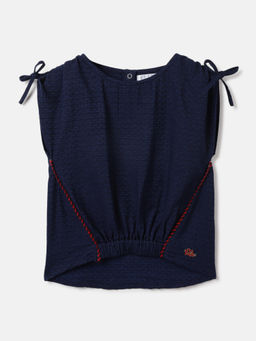 ELLE - Girls Navy Blue Round Neck Sleeveless Textured Boxy Fit Top