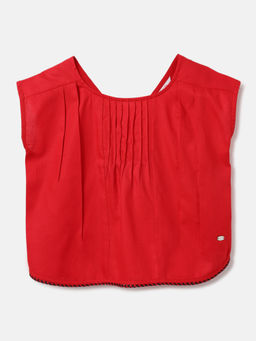 ELLE - Girls Red Round Neck Sleeveless Solid Boxy Fit Top