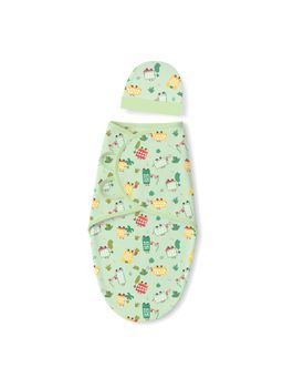 TIDY SLEEP - Green Baby Soft Cotton Jungle Safari Wrapper with Beanie