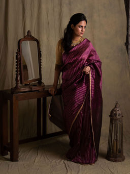 PRIYANKA RAAJIV - Yasti Wine Silk Chanderi Saree with Gold Stripes with Unstitched Blouse