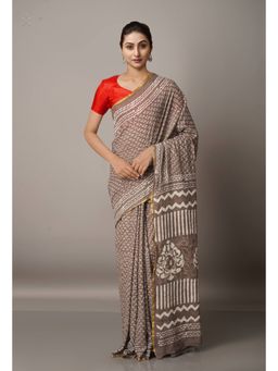 Unnati Silks - Grey Pure Preet Dabu Mulmul Cotton Saree with Unstitched Blouse