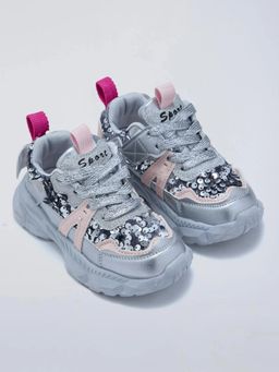 Hopscotch - Sequined Lace Sneakers Silver