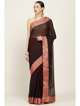 Soch - Brown Poly Chiffon Solid Woven Design Saree with Unstitched
